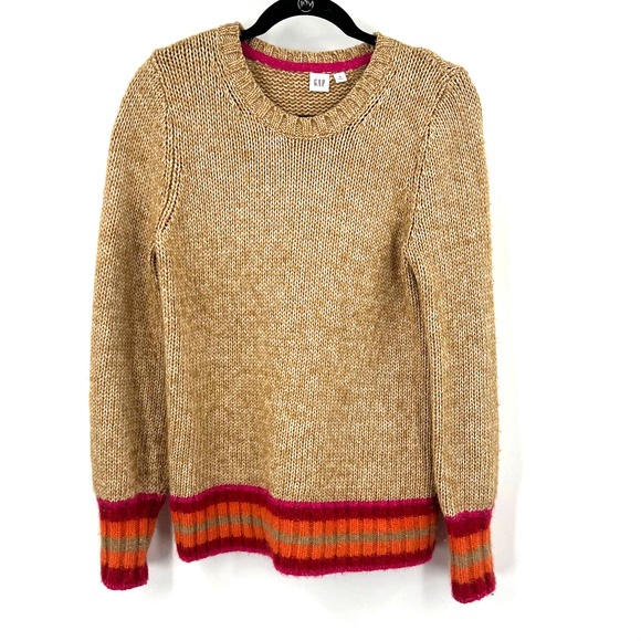 Gap Tan Striped Knit Sweater Alpca Wool Cotton Blend Popover Warm Womens Medium - Picture 1 of 5